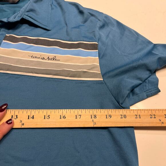 Travis Mathew Blue Colorblock Striped Short Sleeves Polo T-Shirt Size Large - Picture 6 of 9